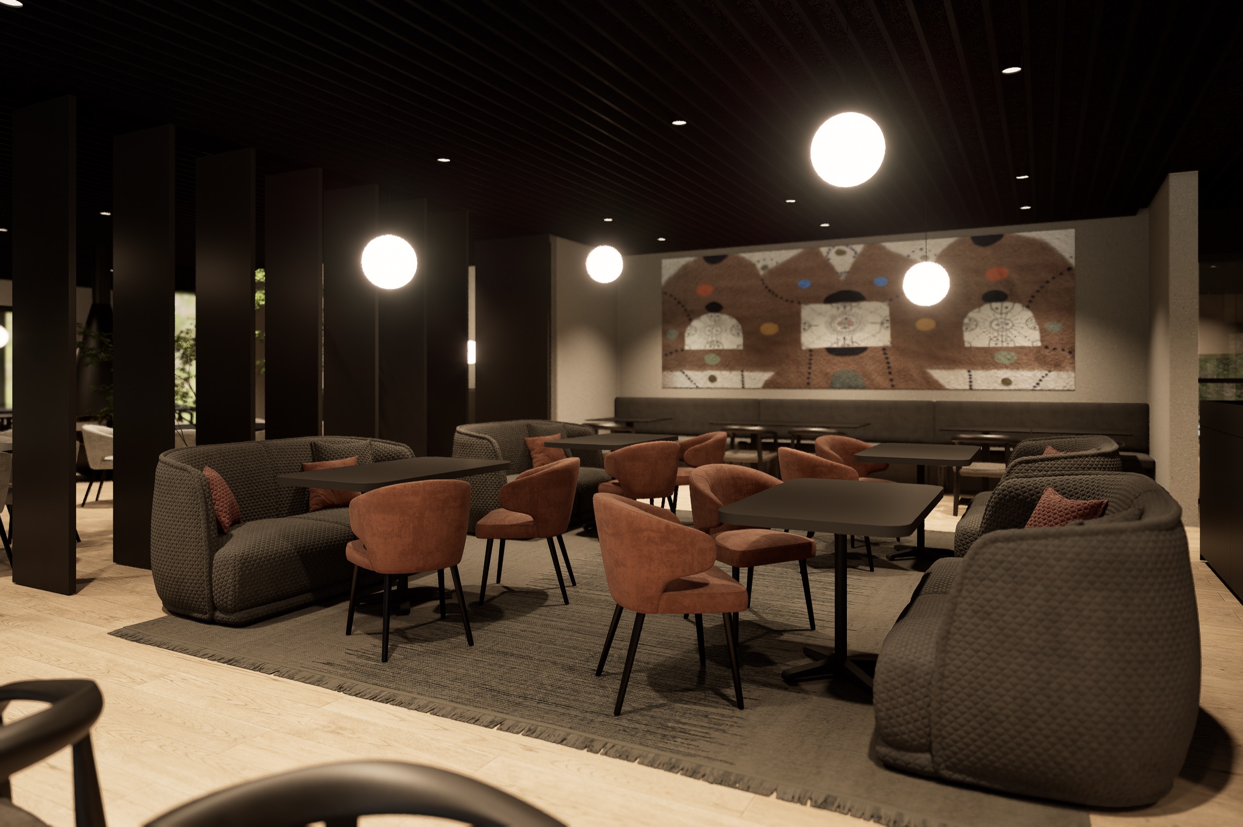 Restaurant seating with grey banquettes, rust-coloured chairs, globe pendant lights and a large patterned wall artwork
