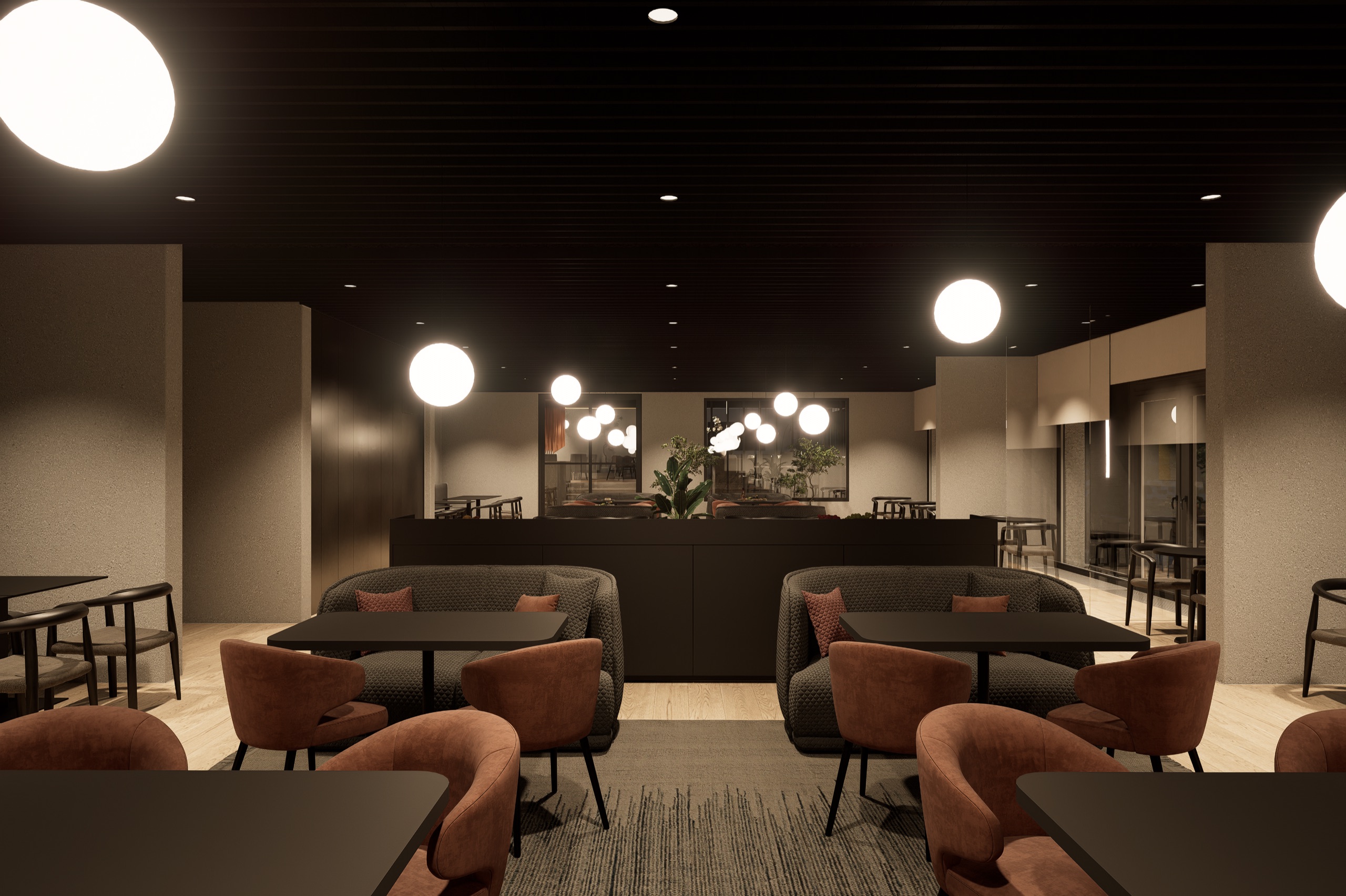 Pairs of grey booth sofas facing rust-coloured armchairs at dark tables, under globe pendant lights