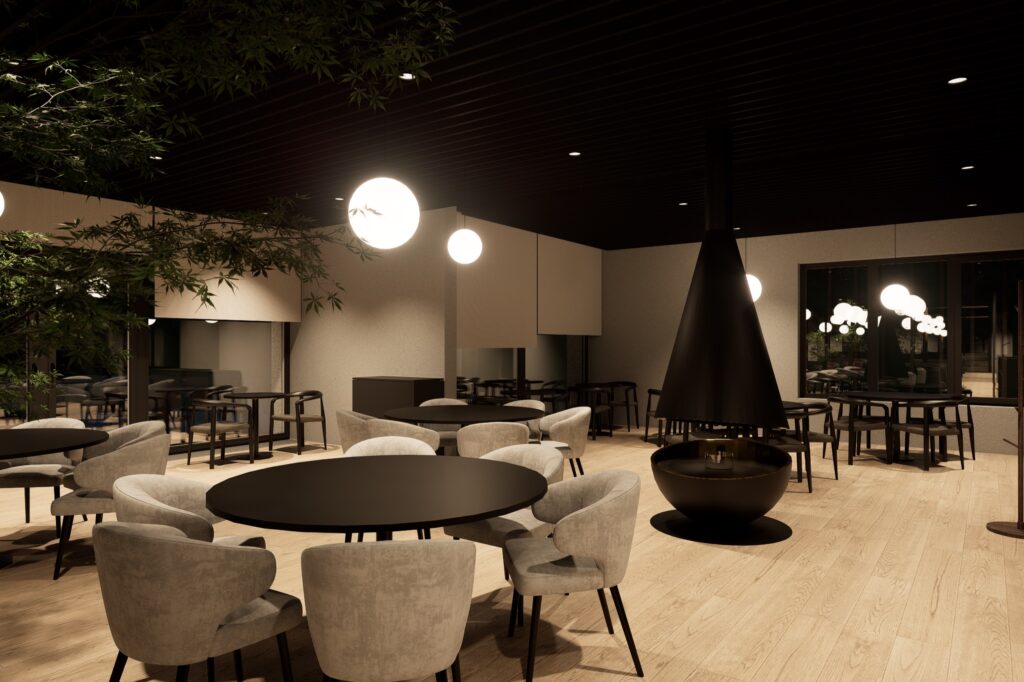 Restaurant dining room with round tables, beige chairs, globe lights and a black hanging cone fireplace