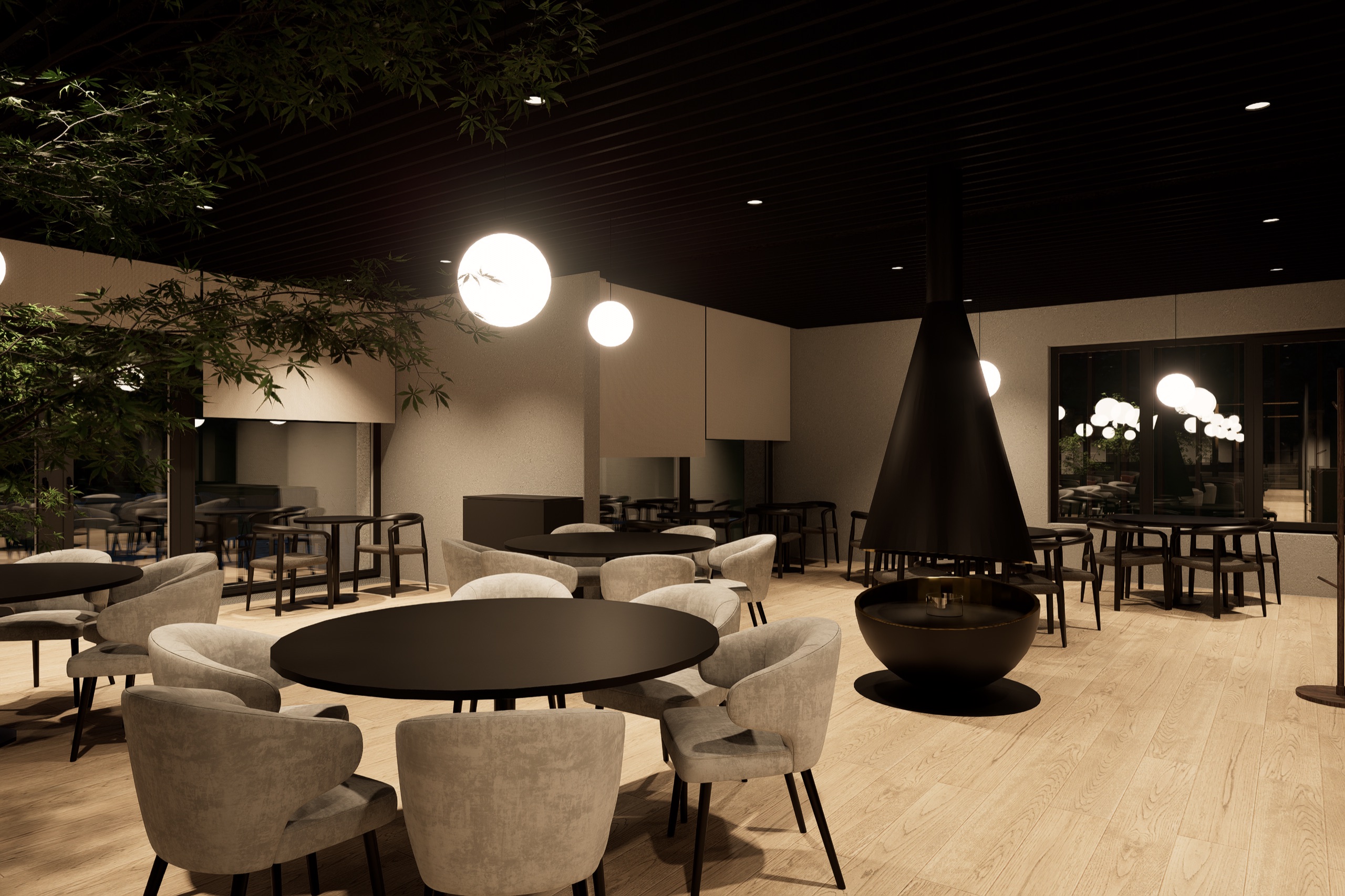 Restaurant dining room with round tables, beige chairs, globe lights and a black hanging cone fireplace