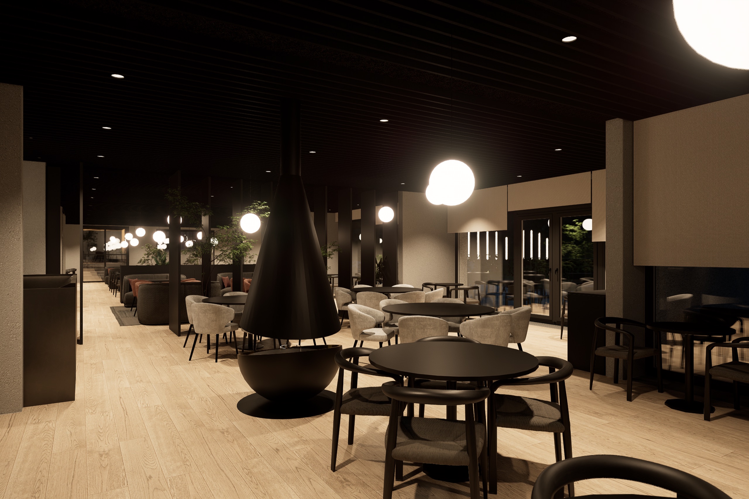 Wide view of the restaurant with a black cone fireplace, round tables, globe pendant lights and a long oak floor