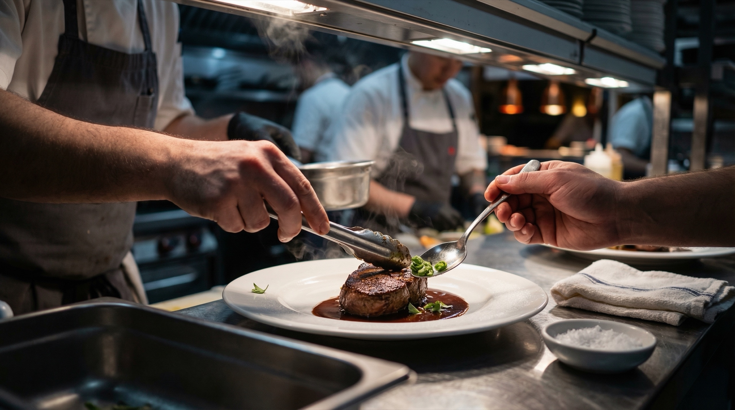 Cooks at the kitchen pass spooning sauce over a seared steak on a white plate
