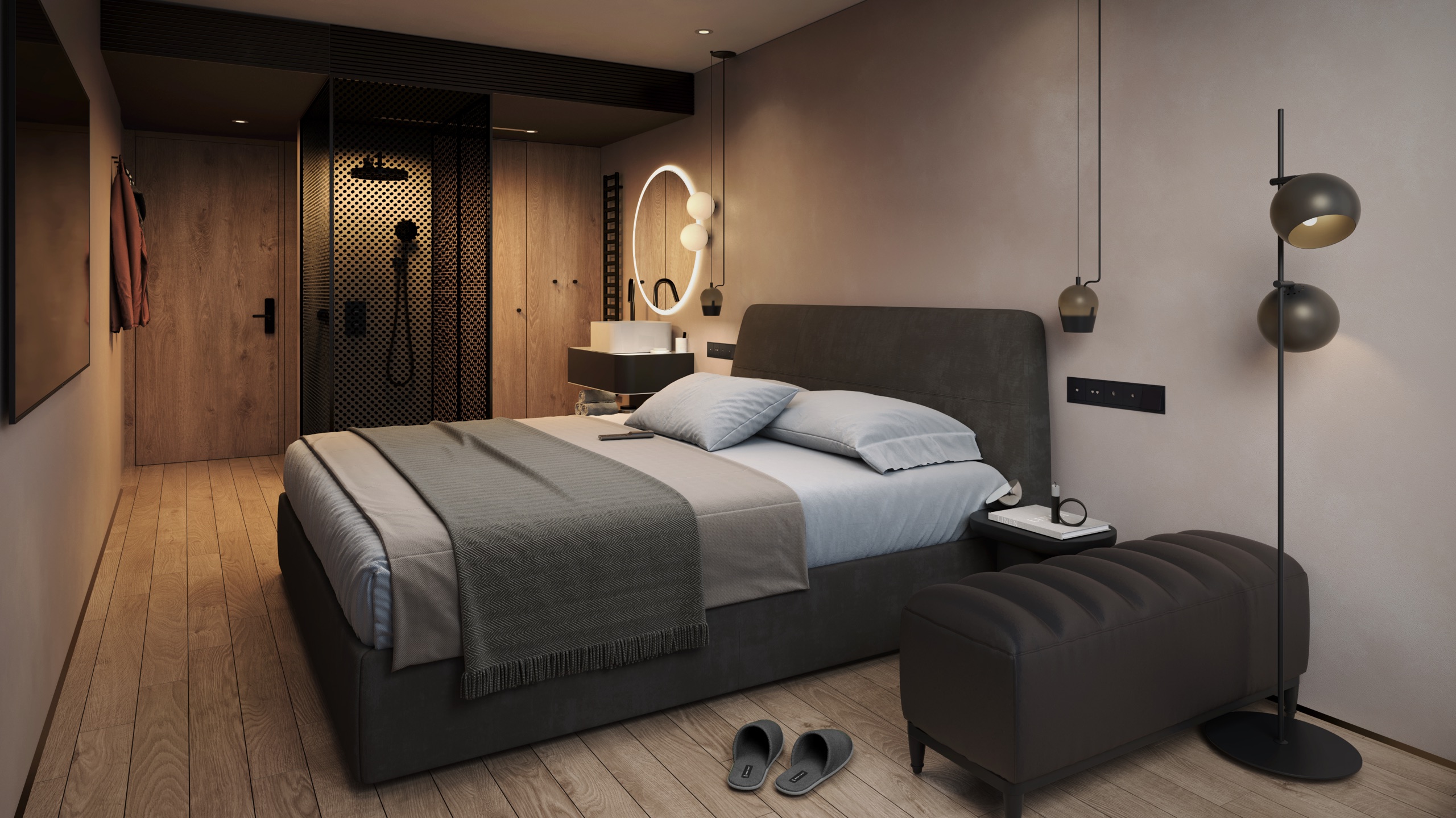 Hotel room with a double bed, upholstered bench, floor lamp and slippers, a glass-walled shower behind