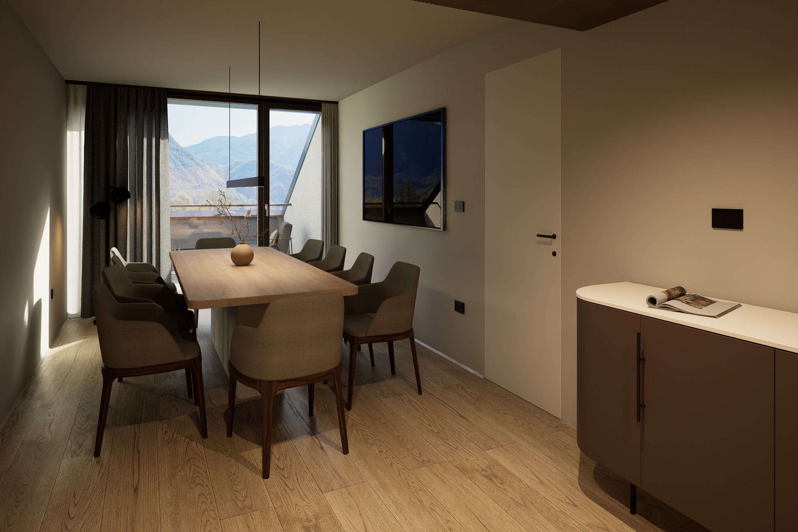 Dining table for eight by a window with mountain views, a wall TV and a low sideboard with an open magazine