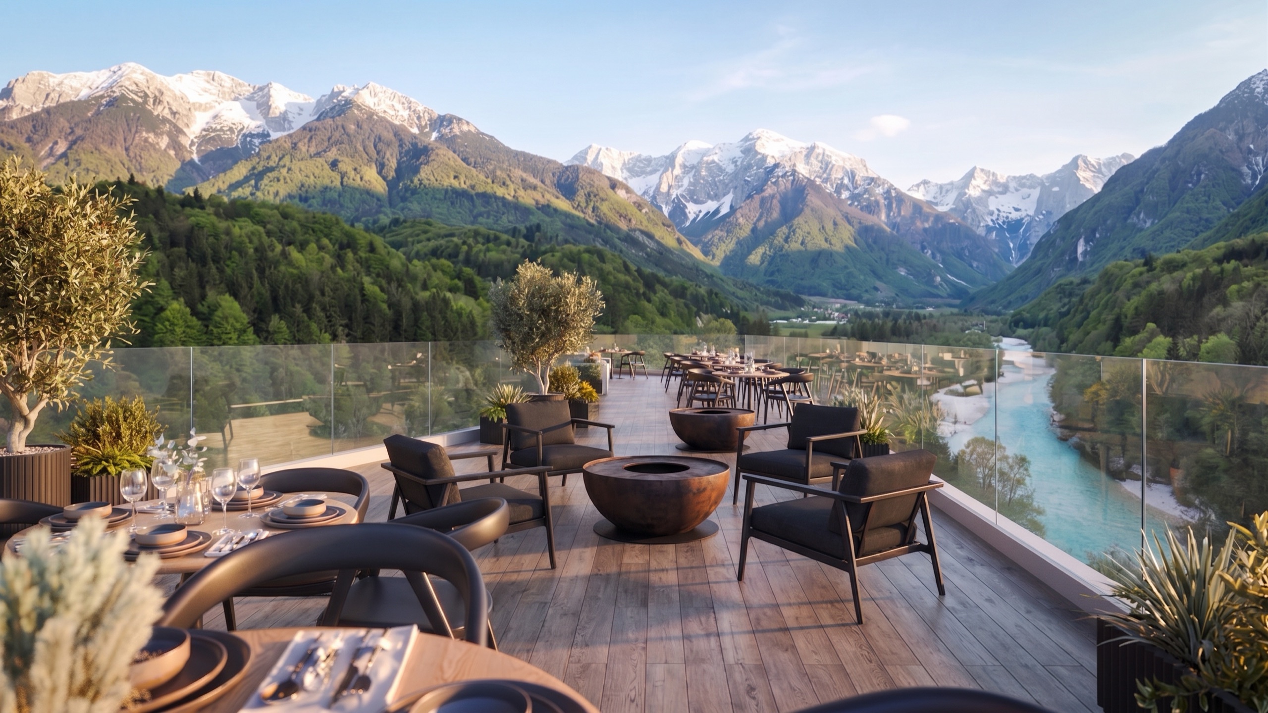 Restaurant terrace with set tables and lounge chairs above the turquoise Soča, framed by snow-capped peaks