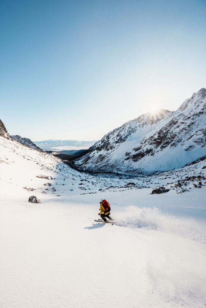Skier on fresh snow below mountain peaks